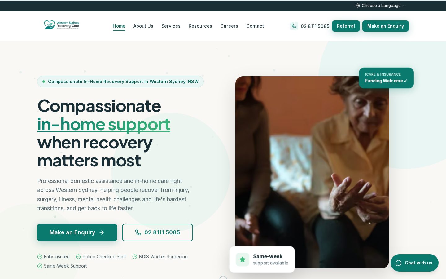 Western Sydney Recovery Care desktop homepage